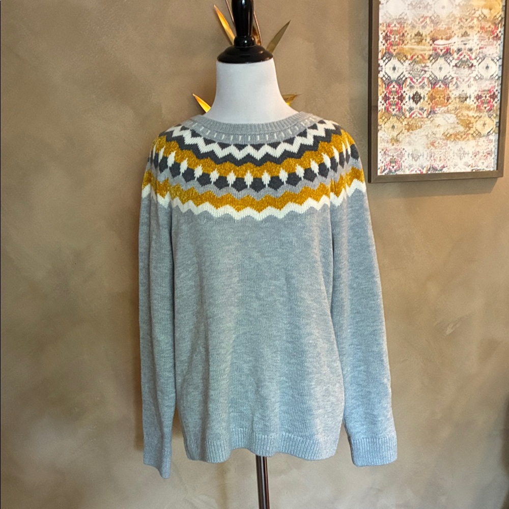 Light Gray Fair Isle Yoke Sweater with Mustard Accents Talbots Large NWT